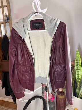Obey Maroon Faux Leather Bomber Jacket with Gray Hood